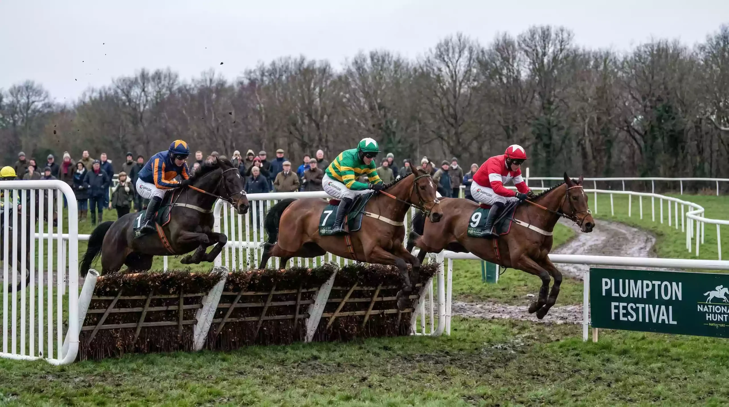 Horses jumping a hurdle at Royal Windsor Racecourse during the Berkshire Winter Million festival