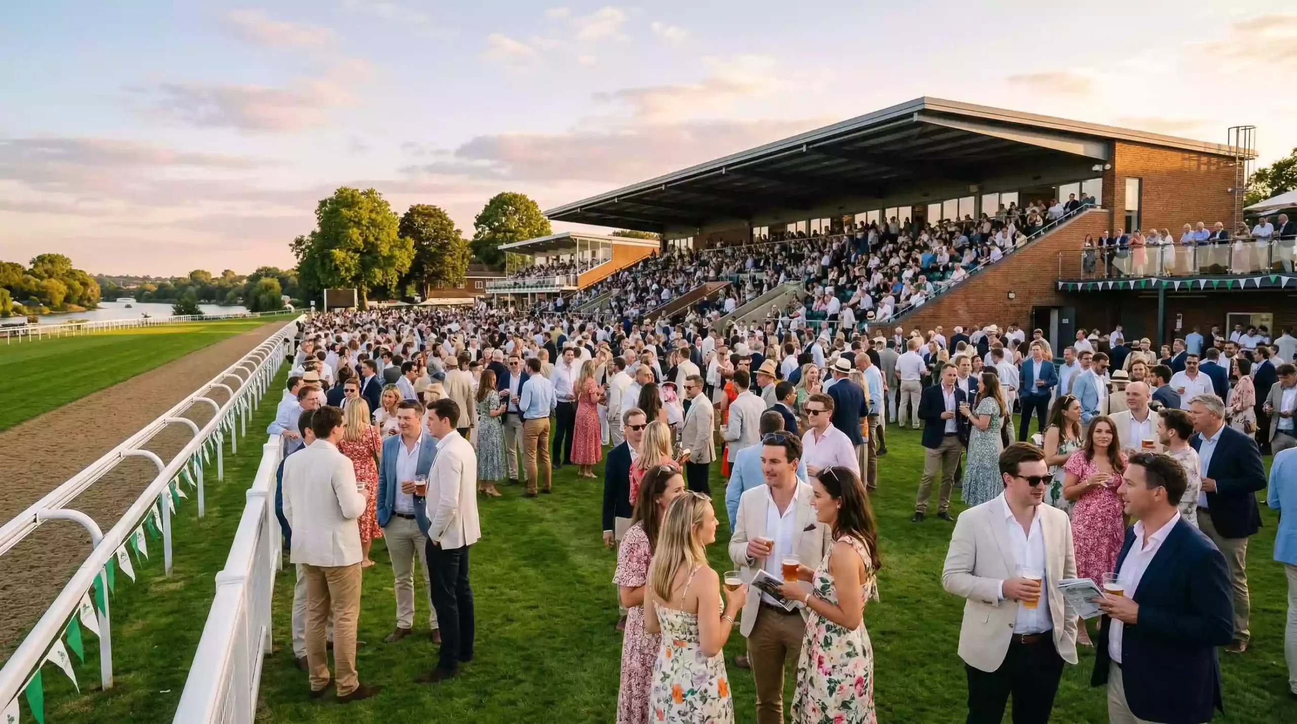 Racegoers enjoying Monday Night Racing at Royal Windsor Racecourse on a summer evening