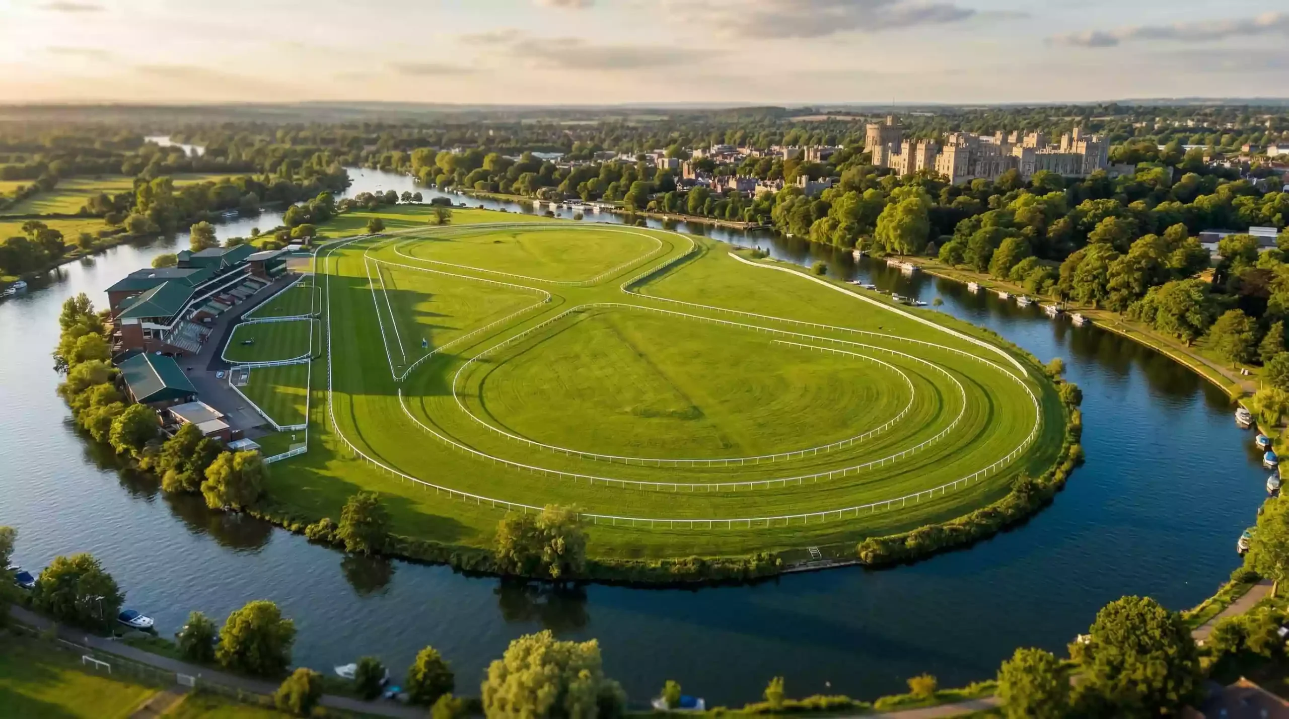 Aerial view of Royal Windsor Racecourse on its Thames island in Berkshire
