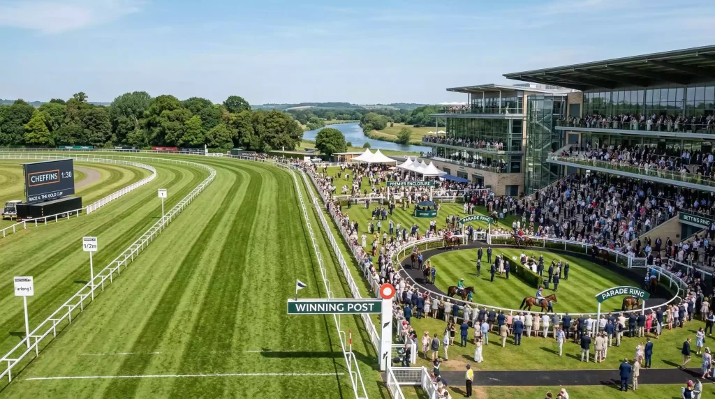 Royal Windsor Racecourse grandstand and paddock area on a busy race day showing the modern facilities