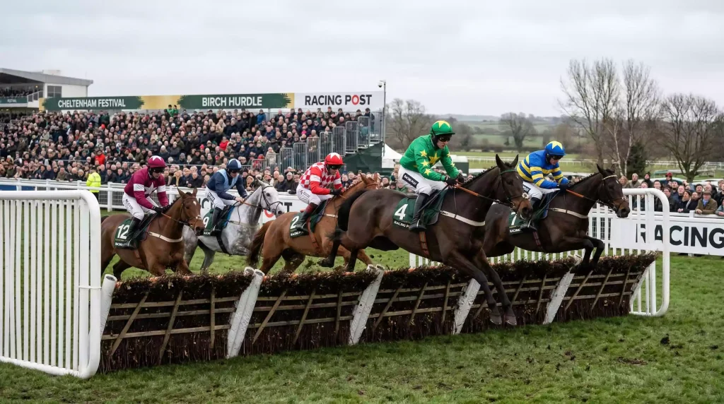 Horses and jockeys racing over hurdles at the Berkshire Winter Million festival at Royal Windsor Racecourse in January