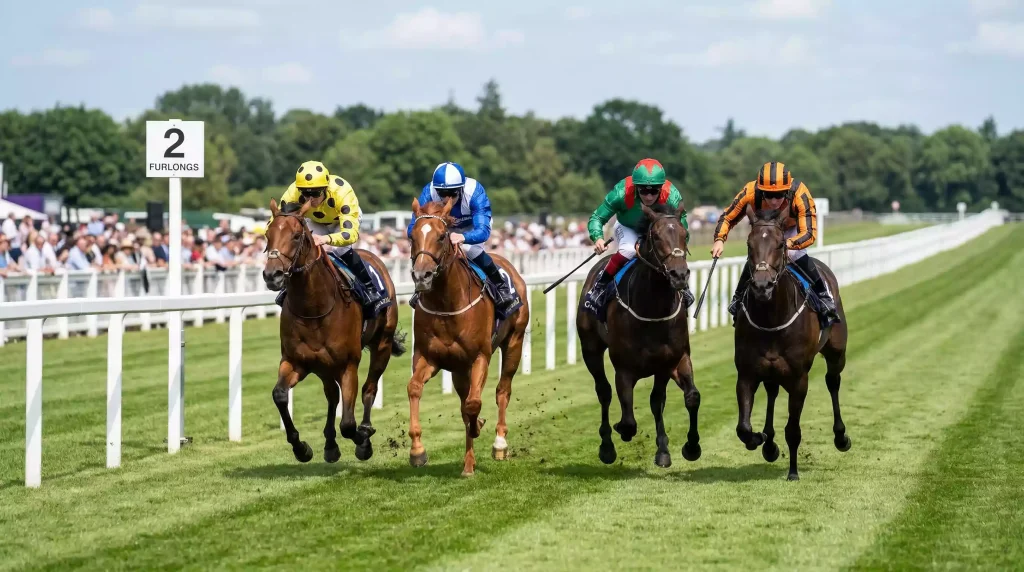 Sprinters racing neck and neck towards the finish in a Fitzdares Sprint Series qualifier at Royal Windsor Racecourse