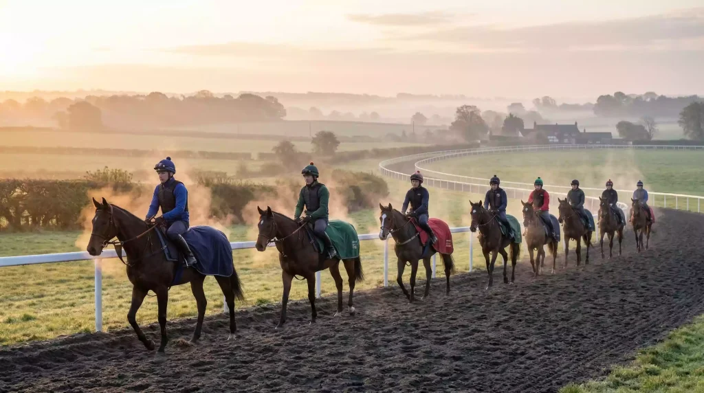 String of thoroughbred racehorses walking through a training yard on the gallops in Berkshire at dawn
