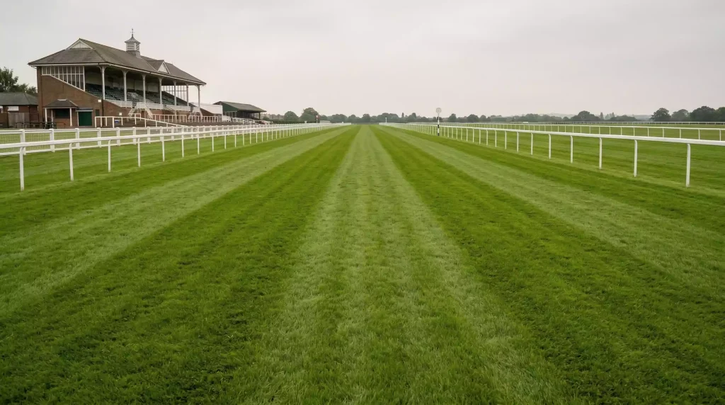 Wide view of a well-maintained British racecourse with green turf and white running rails stretching into the distance