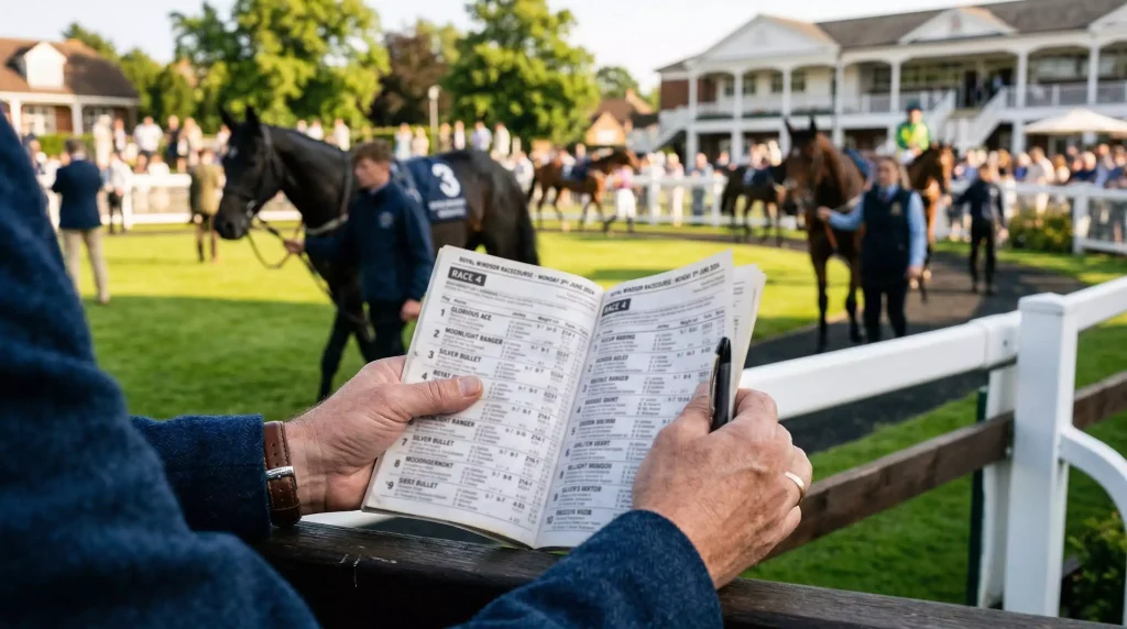 Close-up of a racegoer holding a printed race card at Royal Windsor Racecourse with horses warming up in the paddock behind