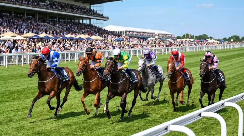 Fillies racing at speed over the straight sprint course in the Leisure Stakes at Royal Windsor Racecourse