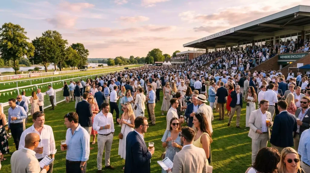 Crowds enjoying Monday Night Racing at Royal Windsor Racecourse on a warm summer evening with the grandstand in background