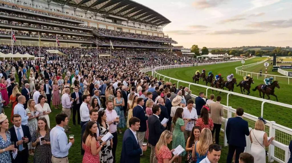 Large crowd of spectators watching racing from the grandstand at Royal Windsor Racecourse on a summer evening