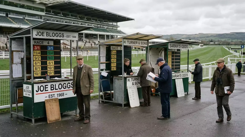 View of the betting ring and on-course bookmakers at a British racecourse with racegoers placing bets