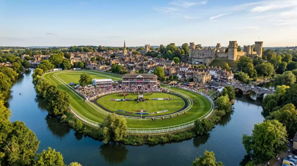 Panoramic view of Royal Windsor Racecourse on its Thames island with Windsor town and castle in the background