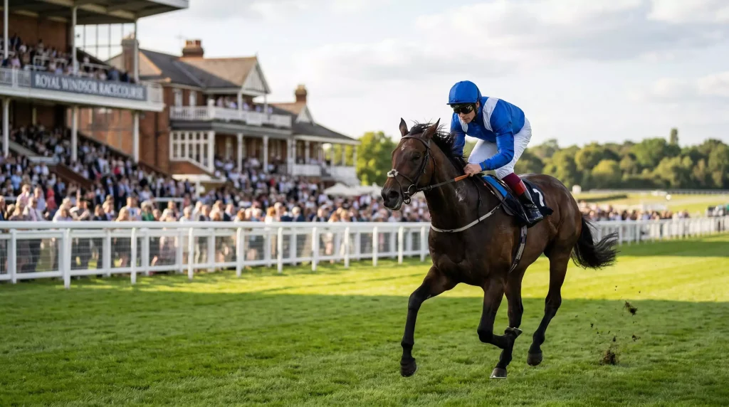 Jockey in colourful silks riding a thoroughbred horse past the grandstand at Royal Windsor Racecourse during a flat race