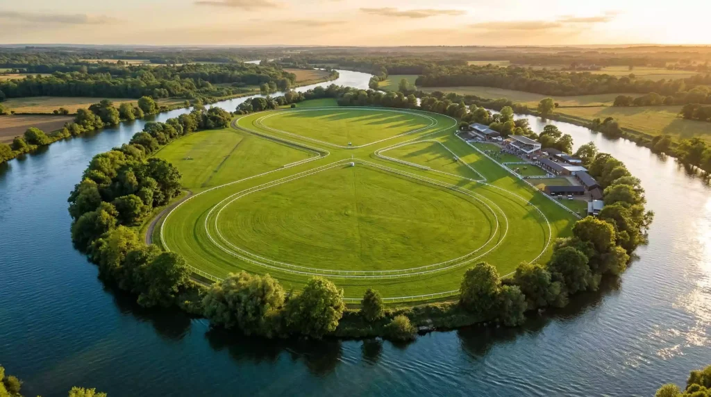 Aerial view of the figure-of-eight track layout at Royal Windsor Racecourse showing the crossing point and Thames river