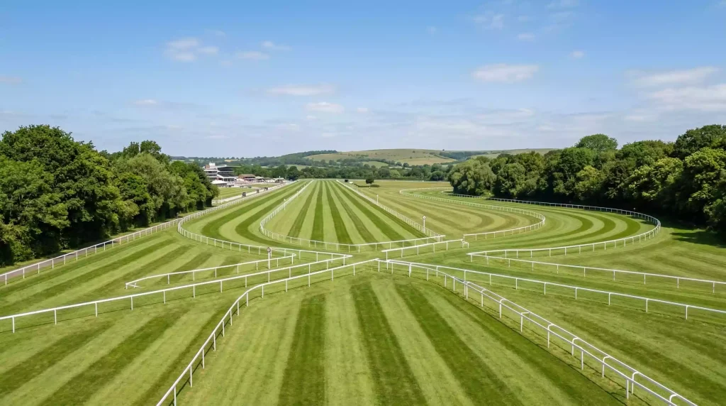 Wide view of the figure-of-eight racecourse at Royal Windsor showing the distinctive crossing track layout