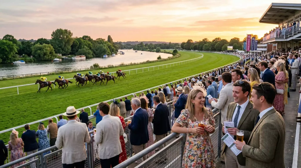 Crowds enjoying Monday Night Racing at Royal Windsor Racecourse on a warm summer evening with the Thames and Windsor Castle in the background