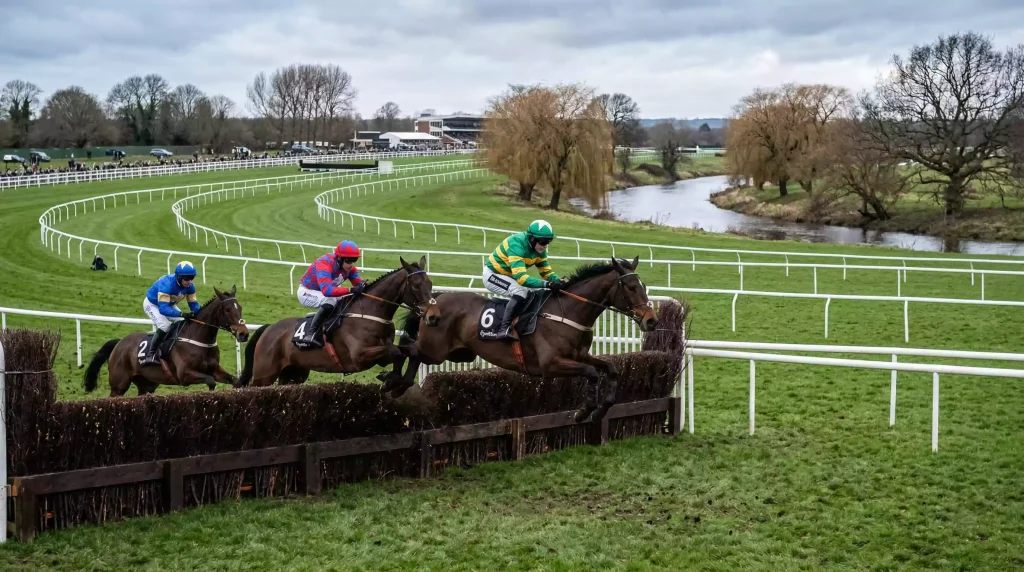 National Hunt racehorses clearing a fence on the figure-of-eight jump course at Royal Windsor Racecourse