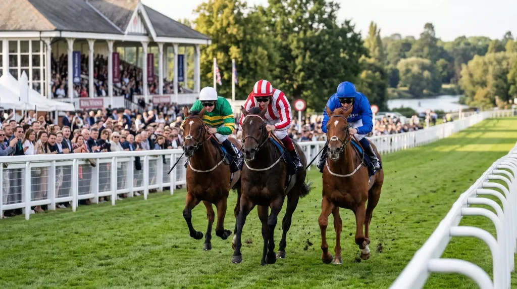 Thoroughbred horses racing down the home straight at Royal Windsor Racecourse during the Winter Hill Stakes on a sunny August afternoon