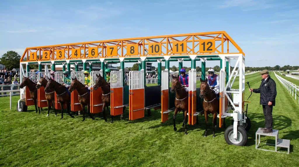Starting stalls being loaded with racehorses at Royal Windsor Racecourse with an empty stall visible
