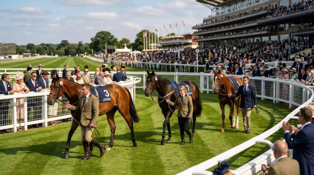 Thoroughbred horses being led around the parade ring at Royal Windsor Racecourse before a race