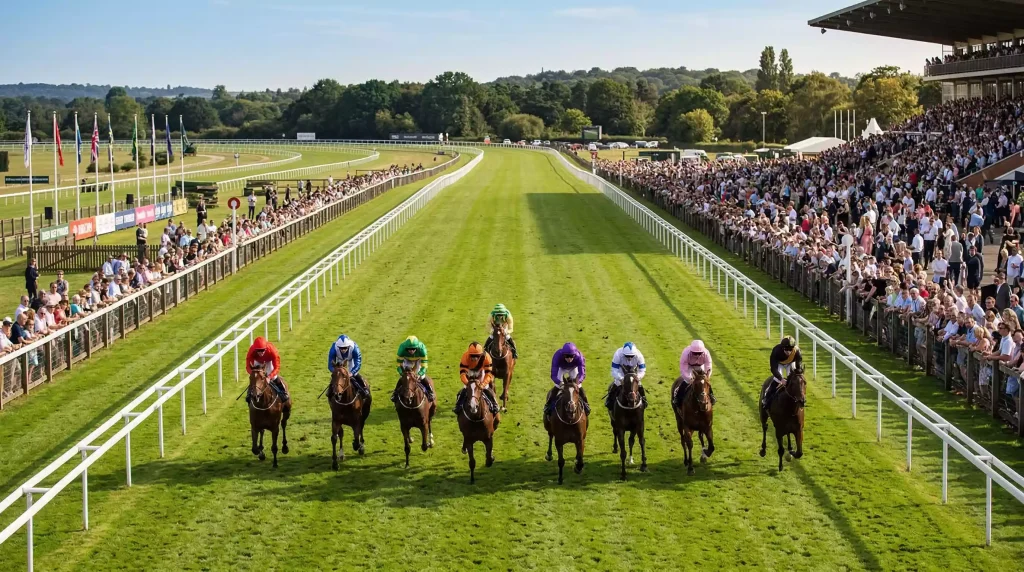 Horses racing through the five-furlong home straight at Royal Windsor Racecourse captured from the grandstand camera angle