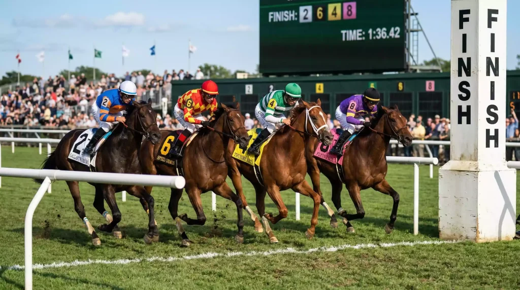 Thoroughbred racehorses crossing the finish line at Royal Windsor Racecourse with the results board visible