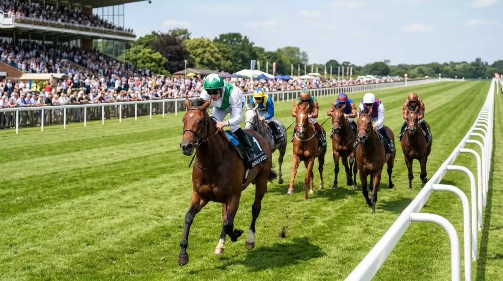 Horses racing towards the finish post at Royal Windsor Racecourse during a live flat race meeting