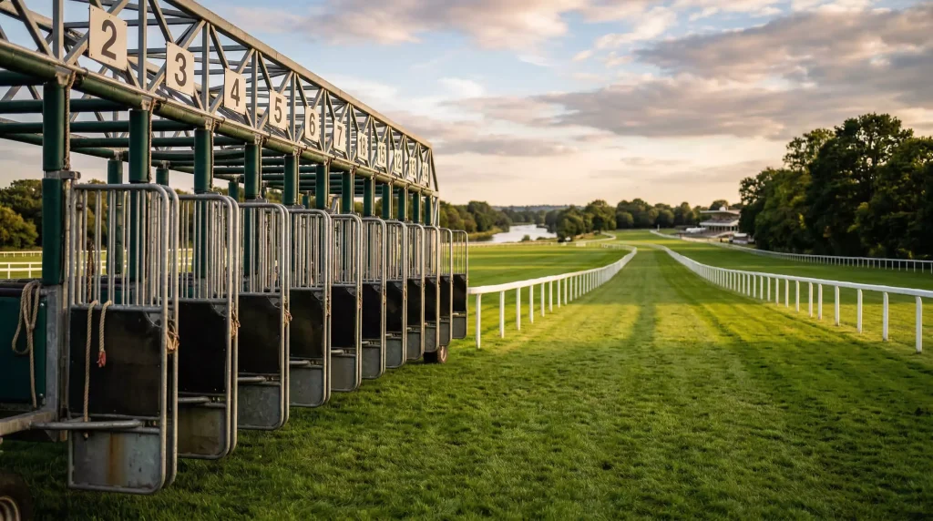 Starting stalls at Windsor Racecourse with the figure-of-eight flat track stretching into the distance on a summer evening