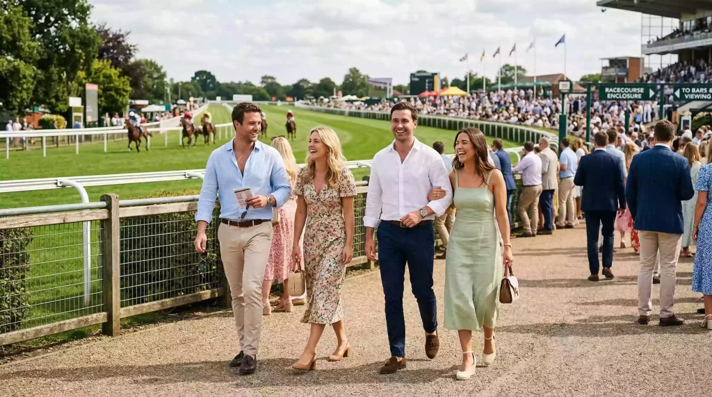 Smartly dressed racegoers enjoying the atmosphere in the Premier Enclosure at Royal Windsor Racecourse