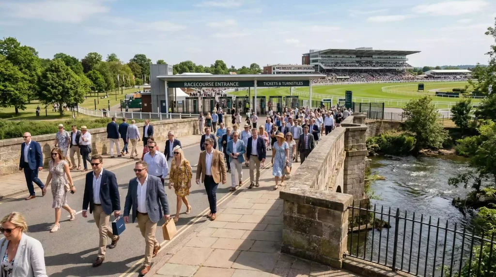 Racegoers walking across the bridge towards the entrance of Royal Windsor Racecourse on a sunny race day