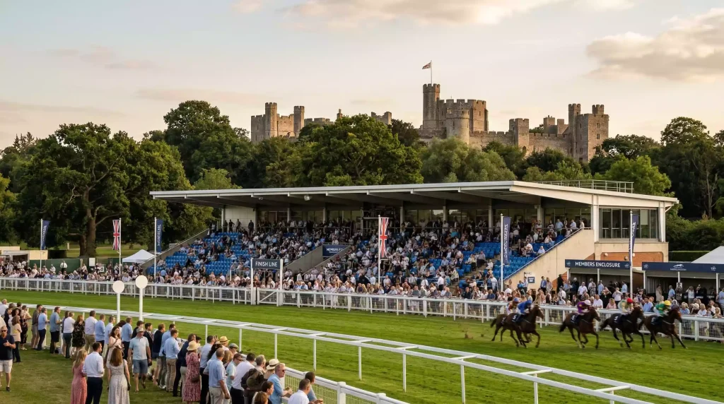 Royal Windsor Racecourse grandstand with Windsor Castle visible in the distance on a clear day