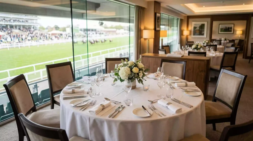 Elegantly set dining table in the hospitality area at Royal Windsor Racecourse overlooking the finishing straight