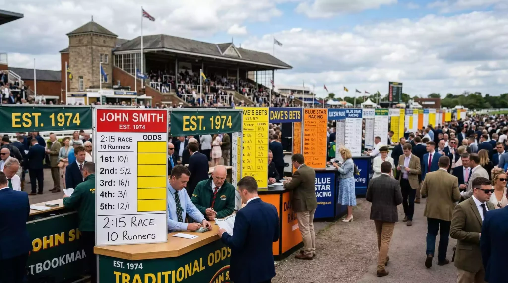Bookmaker boards displaying odds at the betting ring of Royal Windsor Racecourse before a flat race
