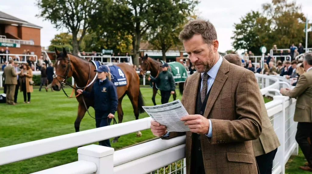 Racegoer studying a race card and form guide at the parade ring of Royal Windsor Racecourse