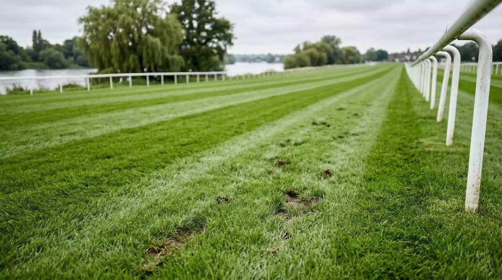 Close-up of manicured turf at Royal Windsor Racecourse with the Thames river visible in the background