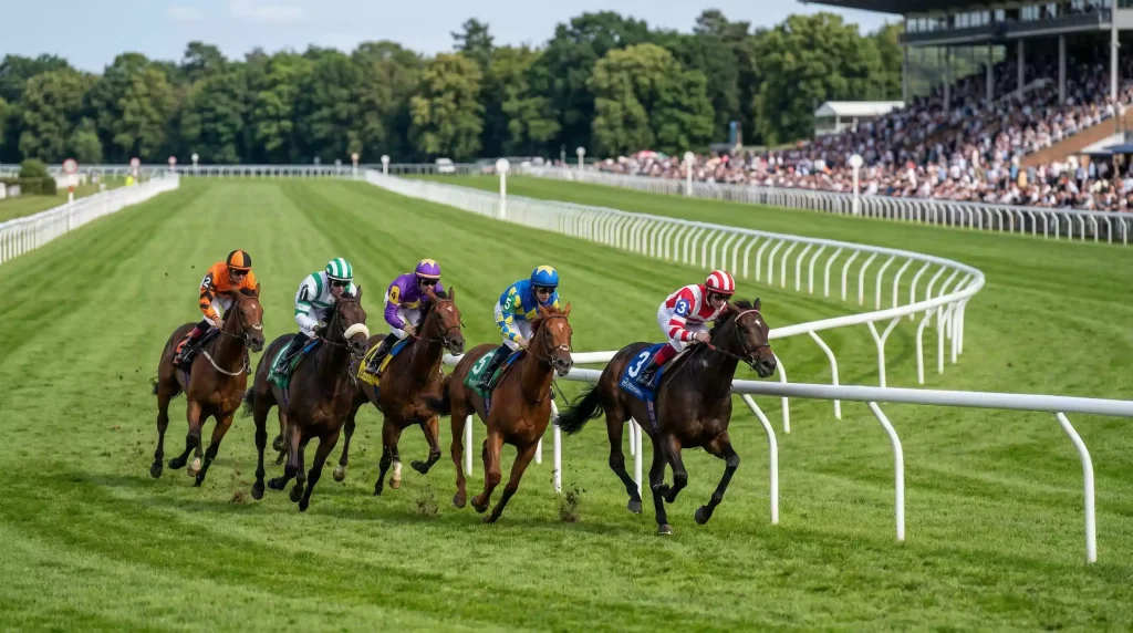 Middle-distance thoroughbreds racing through a right-hand bend in the Winter Hill Stakes at Royal Windsor Racecourse